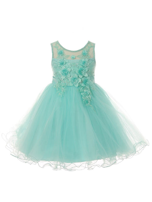 Little Girls Aqua 3D Floral Sequin Wired Tulle Skirt Flower Girl Dress 2-6 - SophiasStyle.com